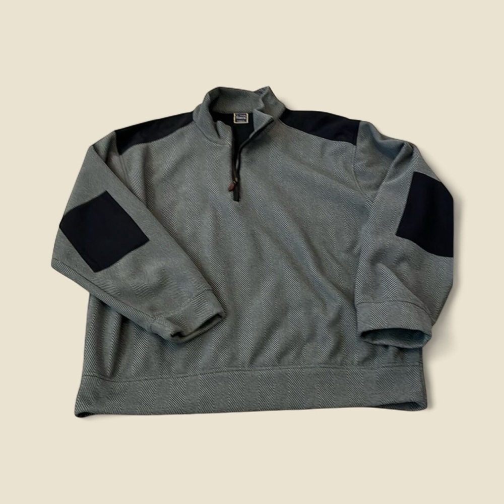 T.Harris London Italy Mens Black Gray Herringbone Sweater Suede Details Zip